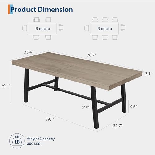 Garvee 79" Extra Large Dining Table, Industrial Kitchen Table, Grey