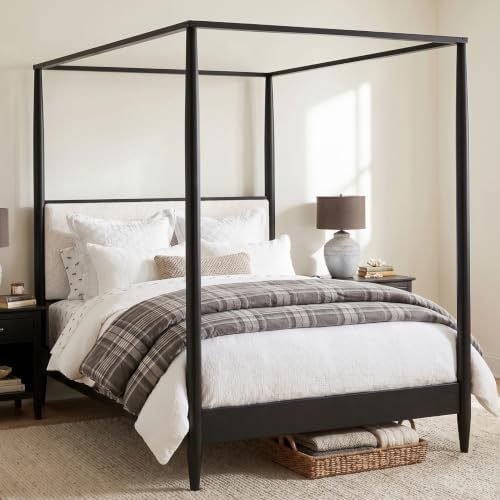 Merax Queen 4-Poster Wood Canopy Bed with Boucle Headboard, Black