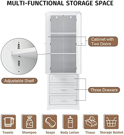 Polibi Tall Storage Cabinet with 3 Drawers, 3-Tier Adjustable Shelves & 2 Doors, Floor Freestanding Linen Cabinet for Bathroom, Living Room (White)