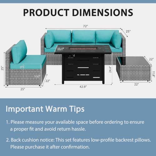 Shintenchi 6 Piece Outdoor Patio Furniture Set with 43 Inch Propane Fire Pit, Washable Cushions, Glass Coffee Table, Waterproof Cover & CSA Certified for Backyard Poolside, Silver PE Rattan/Blue