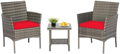 FDW 3-Piece Patio Furniture Set | Gray & Red | Outdoor Wicker Furniture
