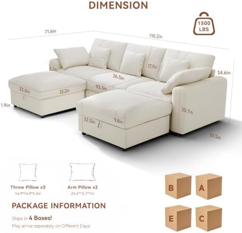 Ihanherry Oversized Cloud Sectional Couches for Living Room, Modular Sectional Sofa with Wide Deep Seat, Coner Couch with Throw Pillow and Storage Ottoman, Beige