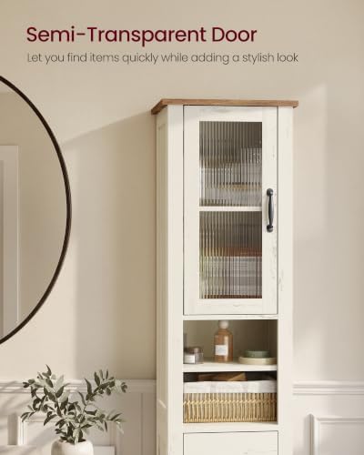 VASAGLE Tall Bathroom Cabinet, Narrow Space Saver, 13 x 12.4 x 67.3 inch | Farmhouse Freestanding Storage Cupboard with Drawer and Doors, Rustic White and Honey Brown, LIRY Collection UBBK660W101S