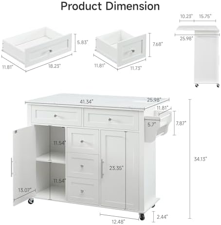 ONBRILL 47" Kitchen Island with 2 Storage Cabinets & 5 Drawers, White
