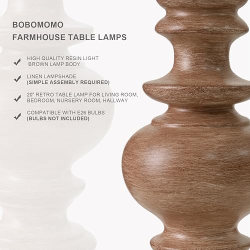 BOBOMOMO 20" Rustic Bedside Lamps Set of 2- Vintage Resin Table Lamps for Nightstands with Linen Shades, Farmhouse Lamps for Living Room, Bedroom, and Hallway (Light Brown) - Ideal for Compact Spaces