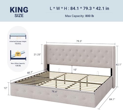 Allewie King Size Lift Up Storage Button-Tufted Bed Frame Light Beige