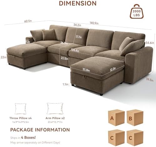 Ihanherry 141" Oversized Cloud Sectional Couches for Living Room, Modular Sectional Sofa with Wide Deep Seat, U Shaped Couch with Throw Pillow and Storage Ottoman, Brown