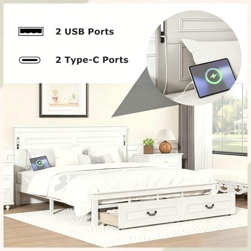 White King Size Bed Frame with 2 Storage Drawers & Tall-Panel Headboard and Footboard, Wood Platform Storage Bed Built-in LED Lights, USB Charging Station, No Box Spring Required, Noise-Free