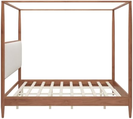 Merax King 4-Poster Wood Canopy Bed with Boucle Headboard, Walnut
