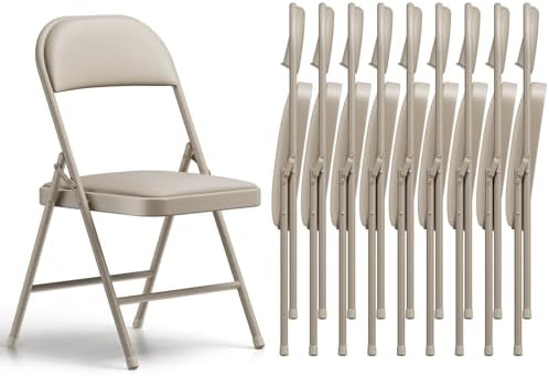 Folding Chairs 10 Pack, PU Leather Padded Folding Chairs for Outside and Indoor, Heavy Duty Portable Foldable Metal Commercial Seat for Home Office, Dorm, Party, Backyard, Lawn, Patio, Khaki