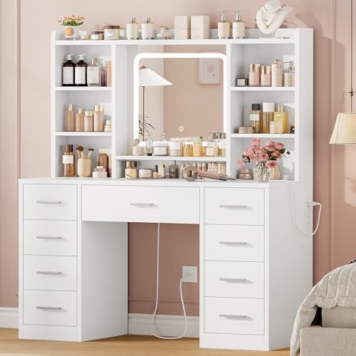 FIONESO Vanity Desk with Mirror, LED Lights and Power Outlet Makeup Vanity Table with 9 Drawers and 7 Storage Shelves Dressing Table for Bedroom Dressing Room (White)