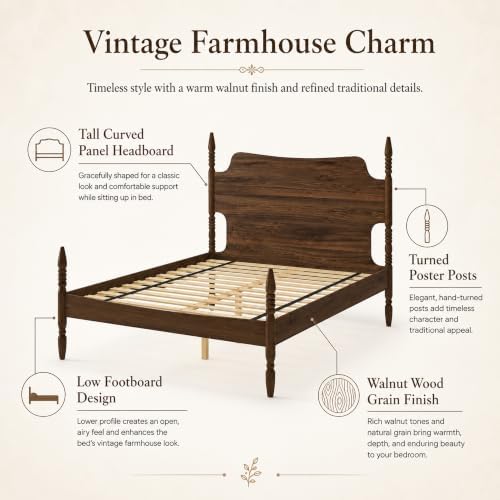 Queen Farmhouse Wood Platform Bed Frame with Headboard, Walnut Poster Bed