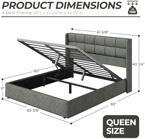 HISOFT Queen Size Lift Up Storage Bed Frame, Linen Upholstered Platform Bed with Wingback Headboard, Heavy Duty Hydraulic Gas Lift Underbed Space, Reinforced Full Metal Slats, Noise Free, Grey