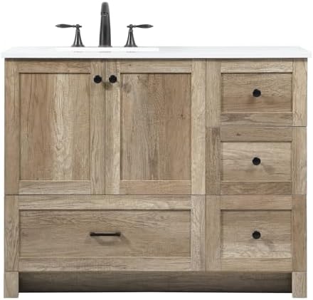 42" Pre-Assembled Bathroom Vanity with Sink, Engineered Wood, Ivory White Engineered Marble Countertop Attached, Single Rectangle Porcelain Sink, 4 Soft-Close Drawers, Natural Oak