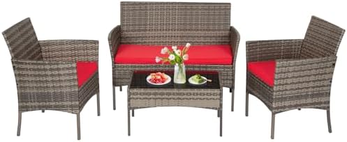 FDW 4-Piece Patio Furniture Set | Gray & Red |Outdoor Wicker Furniture