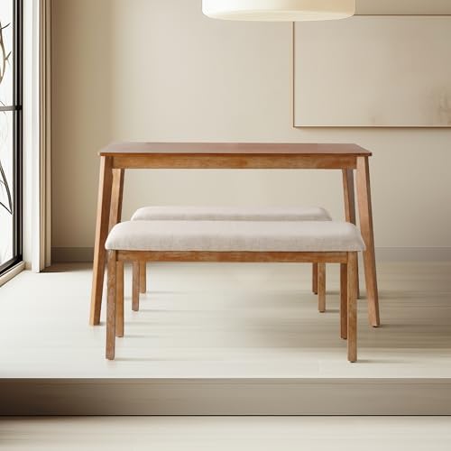 SIMTONAL French Country Dining Bench Wood, Vintage Farmhouse Bench, Fabric Upholstered Dining Chair, 1 Pieces, Light Oak