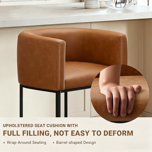 26" H Counter Height Bar Stools Set of 1, Modern Barrel Counter Stools with Backrest and Arms, Faux Leather Upholstered Accent Barstools for Kitchen Island,Support 450 LBS (Walnut Brown