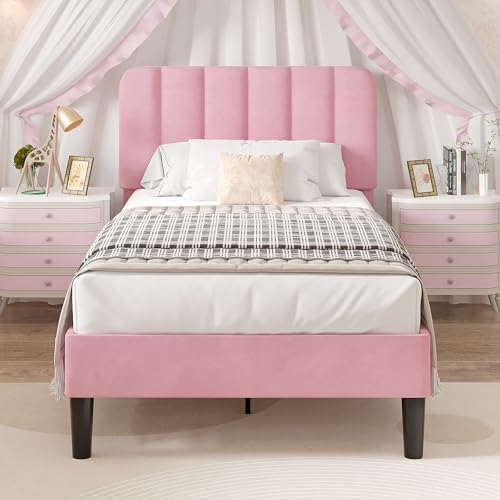 VECELO Twin Size Bed Frame with Upholstered Headboard, Velvet Platform Bedframe Mattress Foundation, Strong Wood Slat Support, No Box Spring Needed,Pink