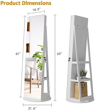360° Swivel Jewelry Cabinet Organizer with Lights, Full Length Mirror with Jewelry Storage, Lockable Standing Jewelry Armoire Organizer, Mirror Jewelry Cabinet with Inside Makeup Mirror (White)