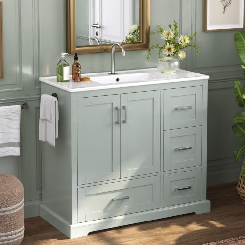 LUMISOL 42 Inch Bathroom Vanity with Ceramic Sink, Modern Freestanding Bathroom Cabinet with 4 Drawers, 2 Soft-Close Doors, Door Racks, Towel Rack, Solid Wood Frame, Mint Green