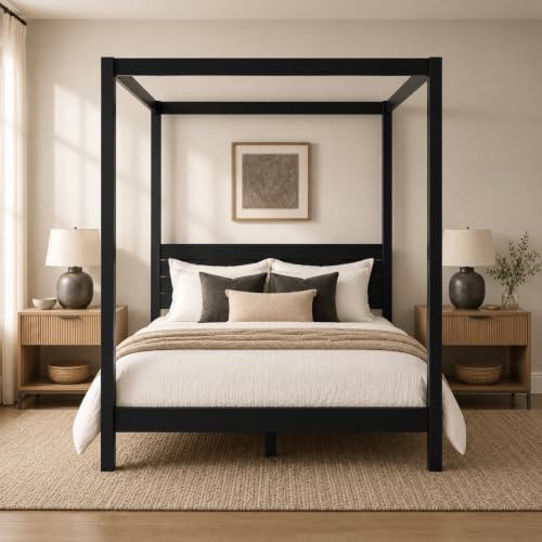 Solid Pine Canopy Bed Frame, Queen - Matte Black Painted Finish