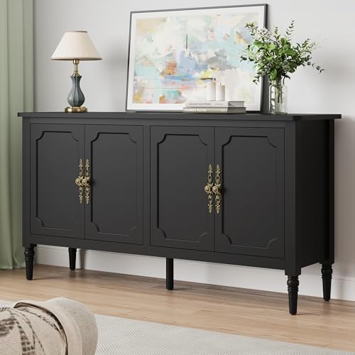 RoyalCraft Buffet Cabinet with Storage, 59" Vintage Sideboard with Adjustable Shelves, Mid Century Modern Painted Credenza Coffee Bar for Kitchen, Dining Room, Entryway, Living Room, Satin Black