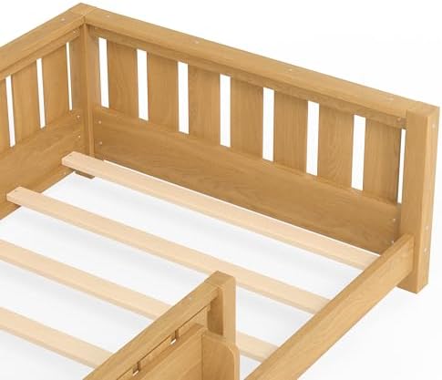 Bellemave Twin Floor Bed with Slats and Safety Guardrail, Twin Size Montessori Floor Bed with Fence and Built-in Bookshelf, Easy Assemble Montessori Beds for Kids, Girls, Boys, Light Natural