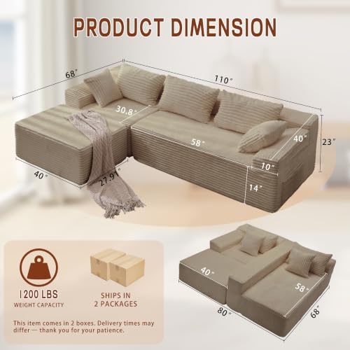 Korser 110" L-Shaped Modular Sectional Sofa with Chaise, Boneless Comfy Corduroy Fluffy Couch with Deep Seat and Side Pockets, Flexible Module Combination for Living Room, No Assembly, Side Pockets
