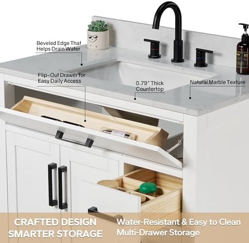 36-inch White Bathroom Vanity with Sink, Solid Wood, 0.79-inch Stone Countertop and Backsplash, 4 Drawers, 2 Soft Closing Doors