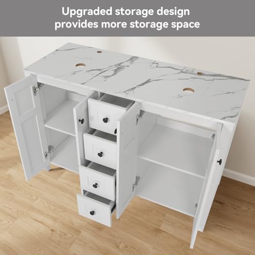 48" Bathroom Vanity with Sink, White Modern Freestanding Bathroom Vanity Cabinet with Marble Texture Top and 4 Drawers, Two Boat Silver Glass Vessel Sinks
