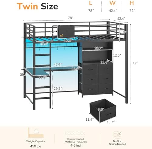 DICTAC Loft Bed Twin Size with Desk,Storage Bookshelf and 6 Drawers, Black