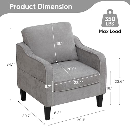Accent Chair for Living Room, Mid Century Modern Reading Chair for Bedroom, Upholstered Armchair with Side Pockets, Comfy Single Sofa Side Chair for Office, Apartment, Small Room, Light Grey