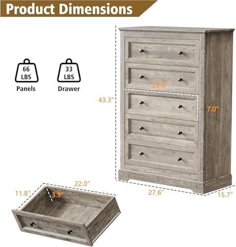 LOUVIXA Farmhouse Bedroom Sets of 4, Including 9 Drawer Dresser, 5 Drawer Dressers and Nightstand Set of 2 with Charging Station (Grey Sets, 4 Pieces)