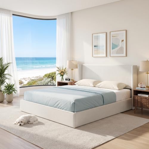 King Lift Up Storage Bed, Corduroy Platform Bed with Headboard, Cream