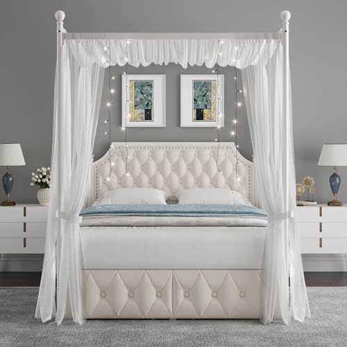 Keyluv Full Upholstered Canopy Bed Frame with 2 Storage Drawers & Button Tufted Headboard, Metal Platform Bed with 4 Removable Posts, Two-Purpose Velvet Bed, Beige/Curtain Not Included