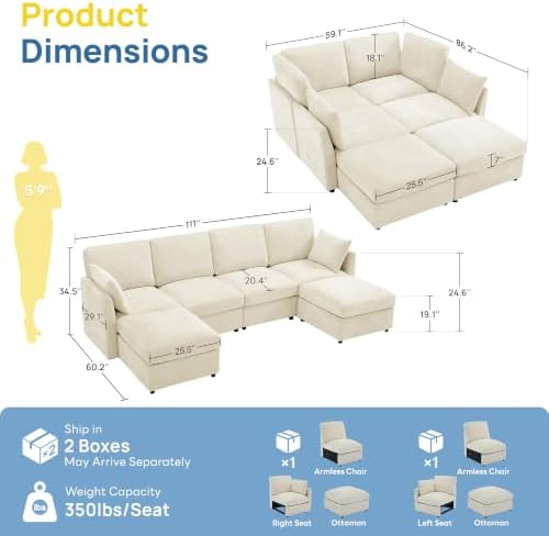Iroomy Modular Sectional Couch for Living Room, Modern 6 Seater Convertible U Shaped Sofa with Ottoman, Spring Cushion Seating, Beige