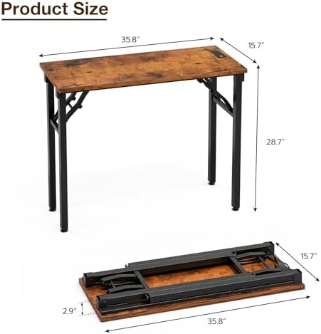 TEMI Small Computer Desk Folding Table - No Assembly, Compact 35.8" Foldable Desk with Power Outlets & USB Charging Port, Portable Small Office Desk, Ideal Mini Study Table for Narrow Spaces, Brown