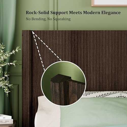 King Size Headboard Only, Modern Fluted Wall-Mounted Head Board with Lighting, Boho Wood Bed headboard Stylish Bedroom Decor, Espresso