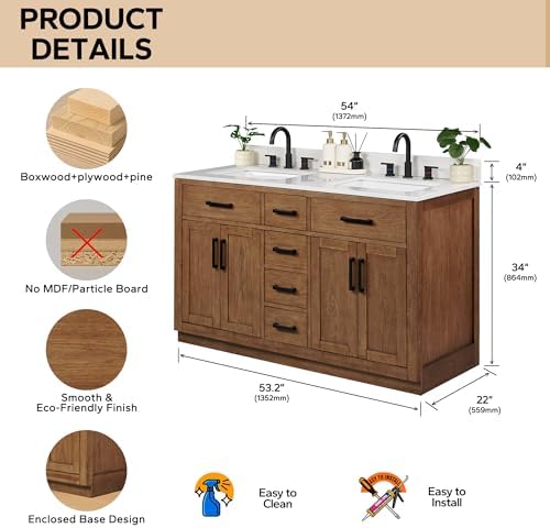 54-inch Dark Walnut Bathroom Vanity with 2 Sinks, Solid Wood, 0.79-inch Stone Countertop and Backsplash, 6 Drawers, 4 Soft Closing Doors