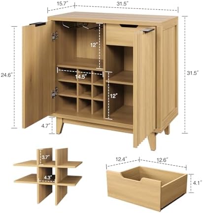 Vabches Modern Fluted Coffee Bar Cabinet with Removable Wine Rack, Natural