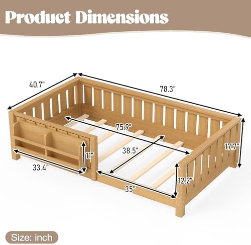 Bellemave Twin Floor Bed with Rails and Slats, Twin Size Montessori Floor Bed with Bookshelf and Fence, Easy Assemble Montessori Beds Frame for Girls, Boys, Deep Natural