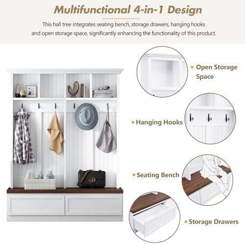 Merax Wood Hall Tree Entryway Bench with 6 Hooks, Farmhouse Mudroom Versatile Coat Racks with 2 Large Drawers Entrance Organizer for Hallway White