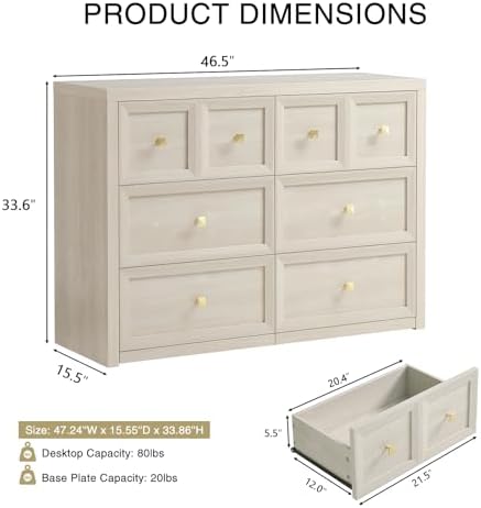 3 Piece Dresser Bedroom Set - 6 Drawer Dresser and 3 Drawer Oversized Nightstands Set of 2 with Charging Station, Farmhouse Dresser Sets for Bedroom,Grey White