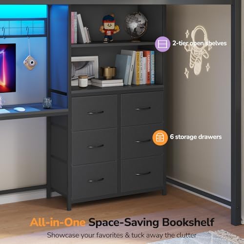 DICTAC Loft Bed Twin Size with Desk,Storage Bookshelf and 6 Drawers, Black