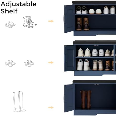 HOMSHO Farmhouse Shoe Storage Bench with 4 Barn Doors & Padded Seat Cushion