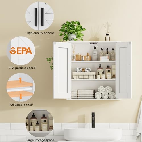 Homleke Bathroom Wall Cabinet, Medicine Cabinet with Adjustable Shelves | 3-Tier Wall Mounted Over Toilet Storage with Barn Doors, for Bathroom, Kitchen, Entryway, Laundry Room, White, (7.9" D)