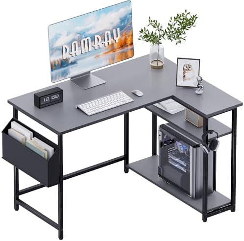 Pamray 40 Inch L Shaped Computer Desk with Reversible Side Storage Shelves, Small Corner Desk for Small Space Home Office, Writing Study Table PC Desk for Bedroom, Grey