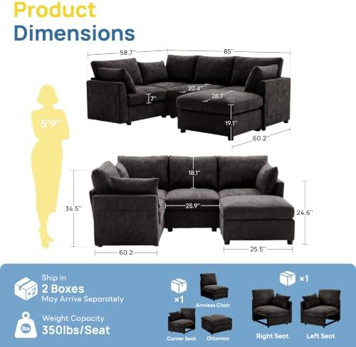 Iroomy Modular Sectional Loveseat Couch for Living Room, Modern Chenille Sofa with Ottoman, 5 Seat, Black