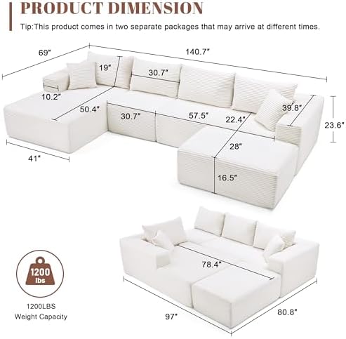 Mangodan 140” Cloud Sectional Couch, Modular Sectional Sofa with Deep Seat, Boneless Sofa for Living Room, Fluffy Comfy U-Shaped Couch with Left Facing Chaise, No Assembly Required, Beige