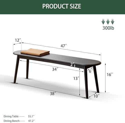 100% Solid Oak Dining Bench, Wood Bench for End of Bed with Rounded Corners, Entryway Benches for Entrance, Hallway, Kitchen, Living Room(Oak Black,12" L x 47.2" W x 16.2" H)